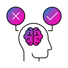 Head with checkmarks icon. Decision-making process, evaluating options, strategy, judgment, cognitive skills, problem-solving. Vector illustration.