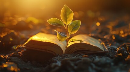 A vibrant green plant emerges from the pages of an open book, symbolizing growth and new beginnings amidst a warm, sunset glow.