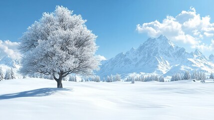 Obraz premium Serene Winter Landscape: Snow Covered Tree and Majestic Mountains under a Clear Blue Sky