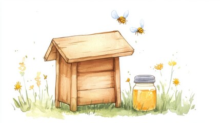 A charming illustration of a wooden beehive surrounded by flowers, bees buzzing, and a jar of honey, celebrating nature and pollination.