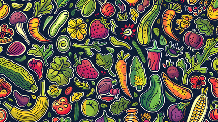 Naklejka premium Colorful illustration of various vegetables and fruits scattered on a dark background, ideal for healthy eating themes