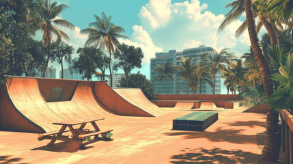 Skate park with ramps in tropical city. Vector cartoon cityscape with track for skateboard, picnic table, wooden bench and palm trees. Playground for extreme sport activity