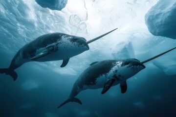 Two majestic narwhals swimming gracefully beneath the icy surface, showcasing their iconic long tusks in a vibrant underwater environment.