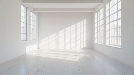 Obraz premium Empty white room with large windows. Vector realistic 3d interior of office, studio, modern living room in house or apartment. Minimal style of room design interior