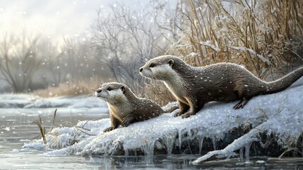 Obraz premium Two otters playfully interact on a snowy bank near a calm river, surrounded by tall grasses. A serene winter scene showcasing wildlife in nature.