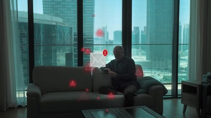 Senior man receives warning on his smartphone that emails being received be phishing, malware, or a virus - 3d animation - Powered by Adobe