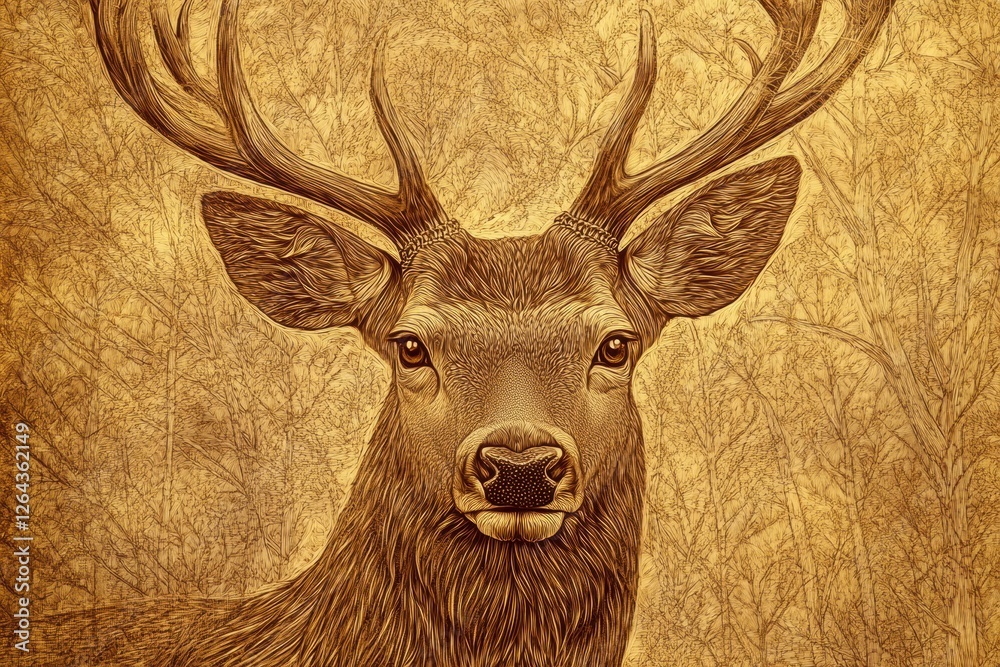 Leinwandbilder engraved deer portrait featuring intricate line work with sepia tones and space for custom text. gen