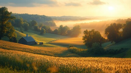 Obraz premium Serene sunrise over golden fields with a rustic barn, showcasing a tranquil rural landscape
