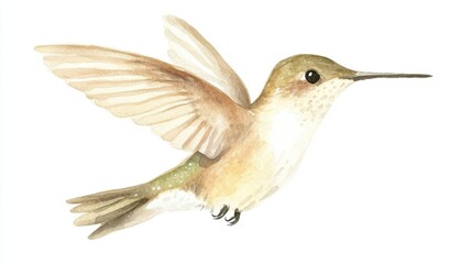 Obraz premium A delicate and vibrant illustration of a hummingbird in mid-flight, showcasing its iridescent feathers and quick movements against a clean background.