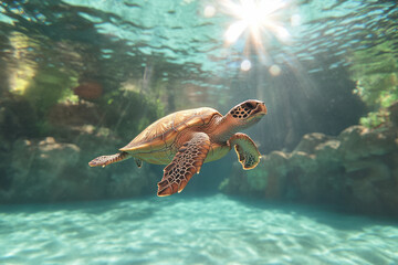 Fototapeta premium Majestic sea turtle gliding gracefully through crystalline waters under sunlight
