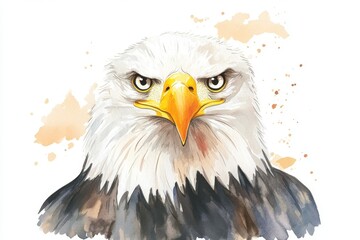 Obraz premium A striking watercolor illustration of a majestic eagle, showcasing its fierce expression and detailed feathers, perfect for nature and wildlife themes.