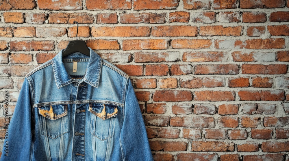 Fototapete Denim jacket displayed on rustic brick wall with space for custom text and creative designs. Generative AI