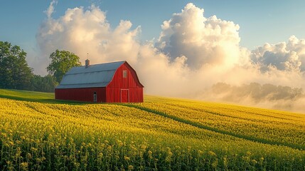 A vibrant red barn stands amidst golden fields under a dramatic sky, capturing rural tranquility