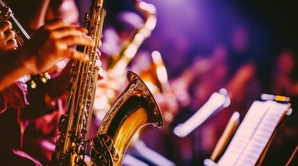 Musicians Playing Jazz Instruments on Stage in Colorful Lighting