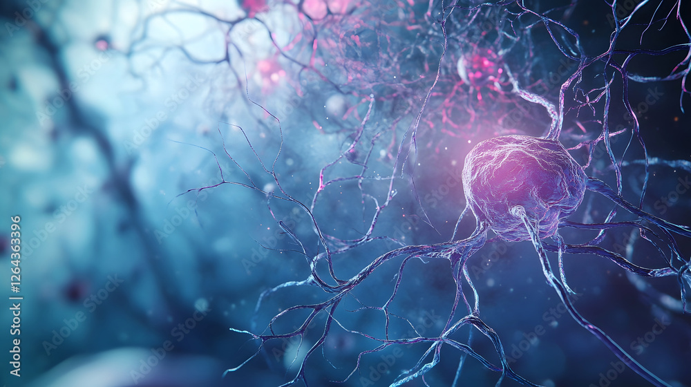 Poster Intricate Neural Network   Glowing Synaptic Connections in Futuristic Brain Anatomy  Abstract digital of a complex neural network featuring vibrant synaptic activity and a futuristic