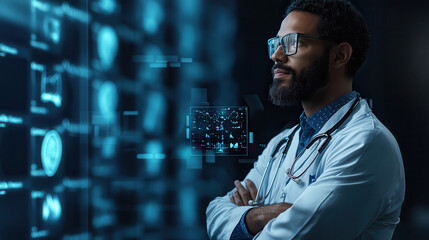 medical professional analyzing digital health data with thoughtful expression. background features advanced technology and data visualizations, highlighting integration of healthcare and
