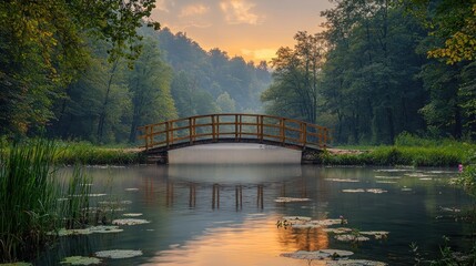 Fototapeta premium Serene wooden bridge over calm waters at sunset, surrounded by lush greenery and reflections