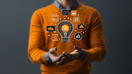 Innovative corporate leader showcasing advanced environmental technology with glowing light bulb symbolizing ideas and data visualization