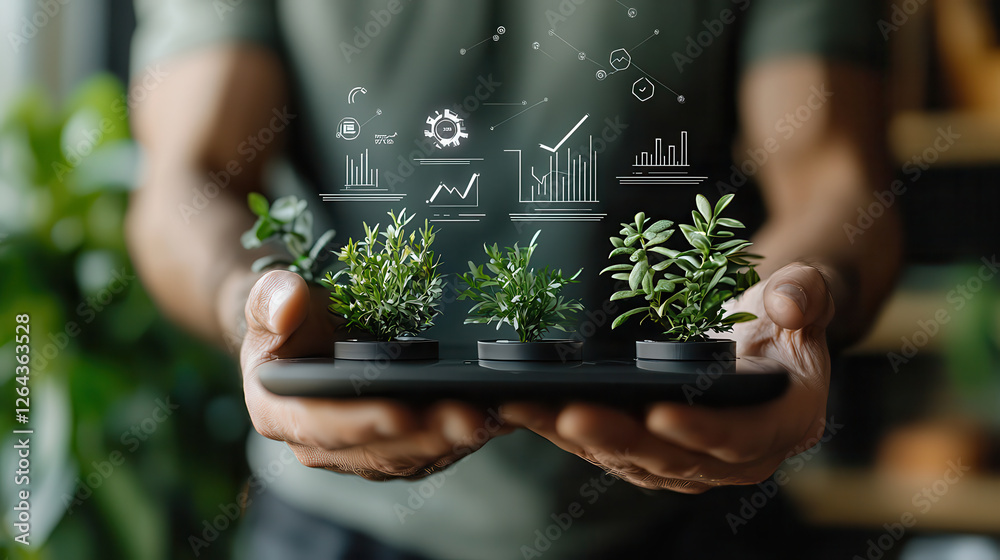 Poster innovative professional holding plants with digital analytics graphics. this represents advanced sus