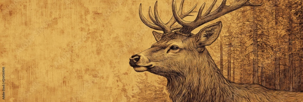 Aufkleber intricate engraved deer portrait with sepia tones and customizable text space for creative projects.