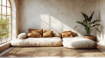 Cozy living room with large pillows, natural light streaming through windows, and lush greenery