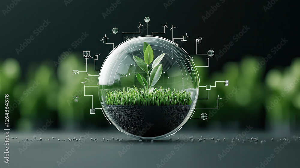 Poster Eco friendly technology integration with transparent globe showcasing green plants and digital elements. This symbolizes sustainability and innovation in environmental practices