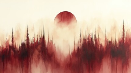 Abstract landscape featuring a large sun setting behind misty red trees in a tranquil environment