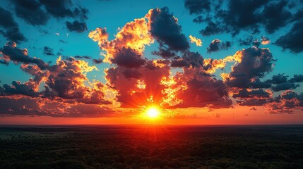 Breathtaking sunset over a vast forest landscape, showcasing vibrant clouds and serene nature