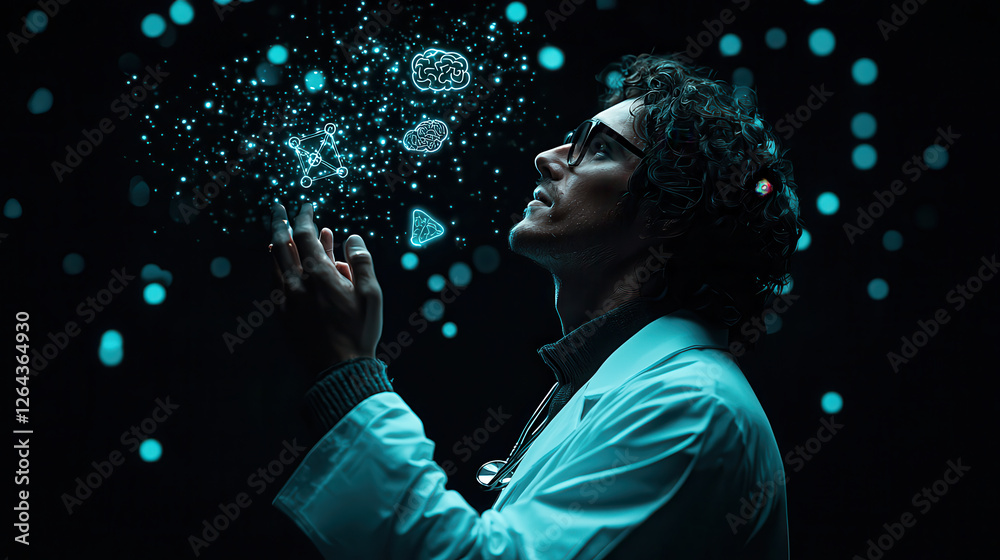 Poster innovative medical professional exploring futuristic concepts with holographic elements. image captu