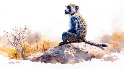 A solitary baboon resting on a rock amidst a serene, natural landscape with soft colors