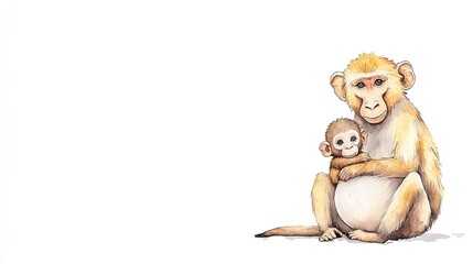 A mother monkey lovingly embraces her baby in a serene, minimalist setting, showcasing family bonds