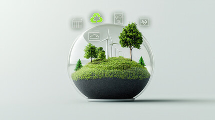 futuristic sustainability concept featuring glass globe with trees, wind turbines, and eco friendly icons, symbolizing environmental protection and renewable energy