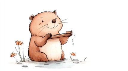 Cute cartoon otter holding a wooden stick, splashing water in a serene pond with flowers