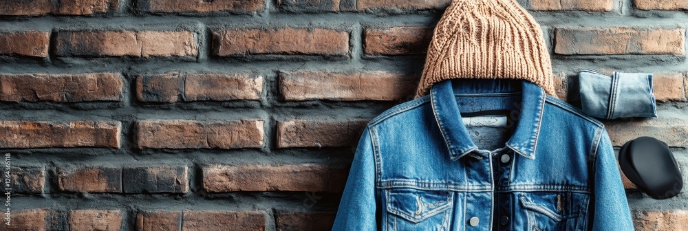 Fototapete denim jacket and knitted hat against rustic brick wall with space for adding custom text or message.
