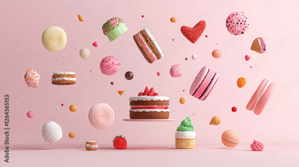Poster Delightful floating desserts including cakes, macarons, and candies create whimsical and colorful display against soft pink background, evoking joy and sweetness