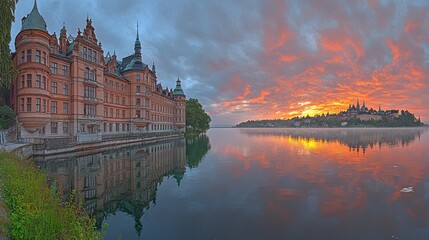 Naklejka premium Majestic Sunrise over Lake with Castle Reflection
