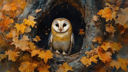A serene barn owl perched in a tree hollow surrounded by vibrant autumn leaves, evoking tranquility