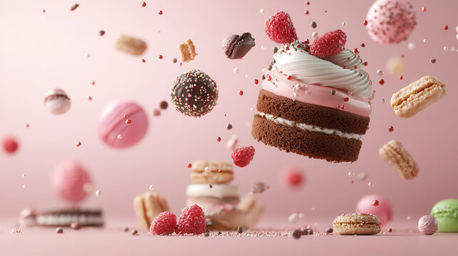 Delightful floating desserts featuring colorful cakes, macarons, and raspberries create whimsical and joyful atmosphere. Perfect for sweet lovers and dessert enthusiasts