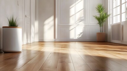 Fototapeta premium Shiny, Disinfected Hardwood Floor with Subtle Sheen in Bright, Sunlit Interior
