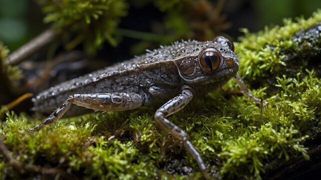 Hylonomus Resting on Mossy Log in Carboniferous Forest