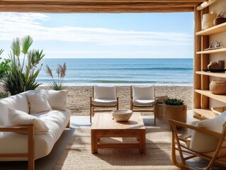 Coastal living room with ocean view features natural elements