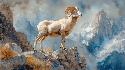 Majestic mountain ram standing proudly on rocky cliff against a backdrop of snowy peaks