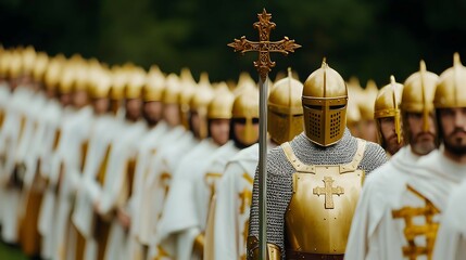 Regiment of Medieval Knights in Gold Armor and White Robes Marching Outdoors