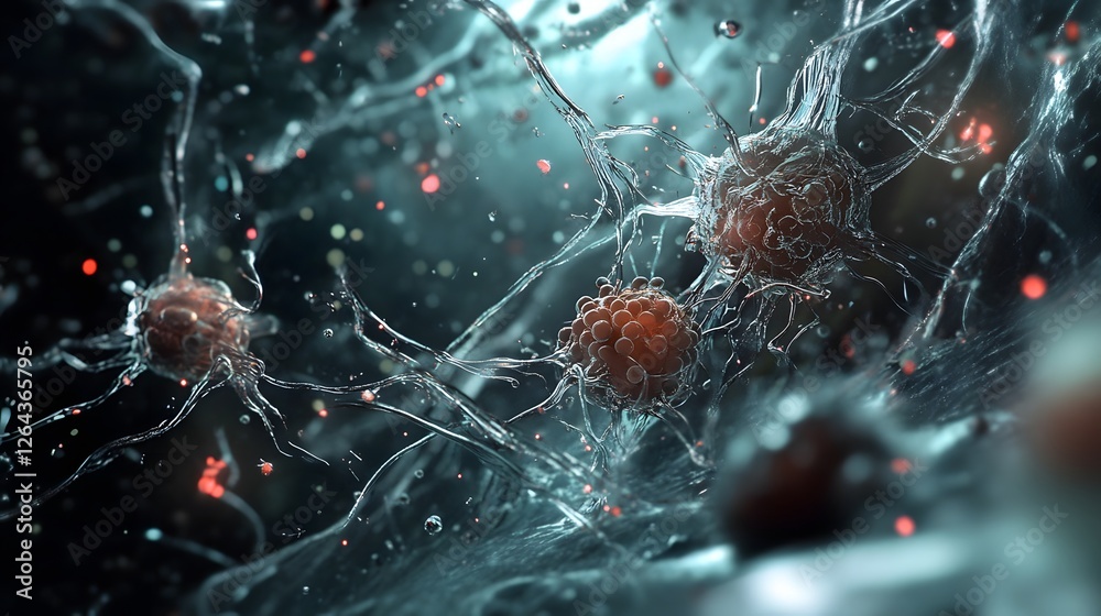 Poster intricate neural network with firing synapses and electrical impulses visualized through a high powe
