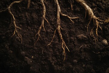 Dark Earth's Embrace: Intricate Tree Roots in Moody Soil Texture