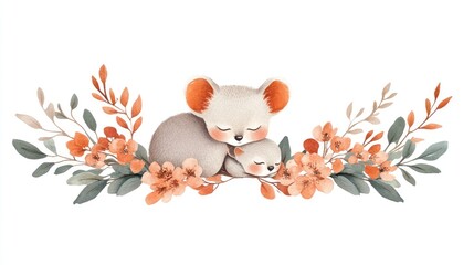 Adorable illustration of a mother koala and her baby resting among floral arrangements