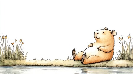 Cute cartoon capybara relaxing by a tranquil riverbank surrounded by flowers and grass