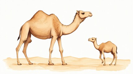 Illustration of a mother camel and her calf in a desert landscape with soft sand and warm colors