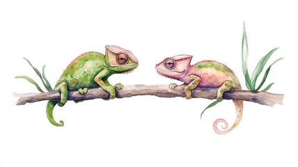 Two colorful chameleons perched on a branch, showcasing their vibrant colors and unique features in a serene natural setting