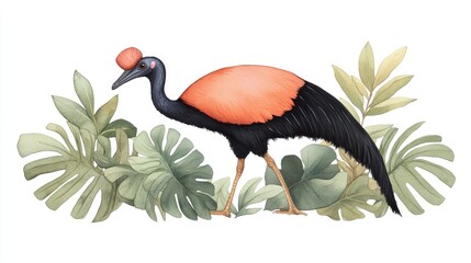 Colorful bird with a distinctive crest standing amidst lush tropical foliage in a vibrant setting